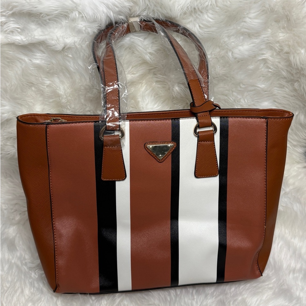 Chic Striped Tote Bag in Tan, Black, and White